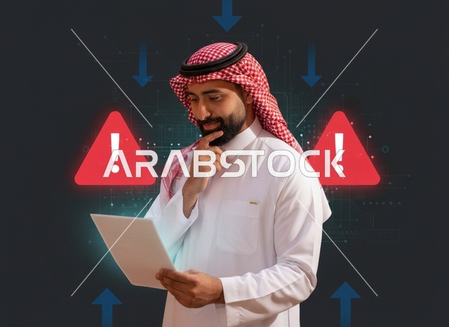 رجل سعودي مع جهاز لوحي وأيقونات تحذير رقمية