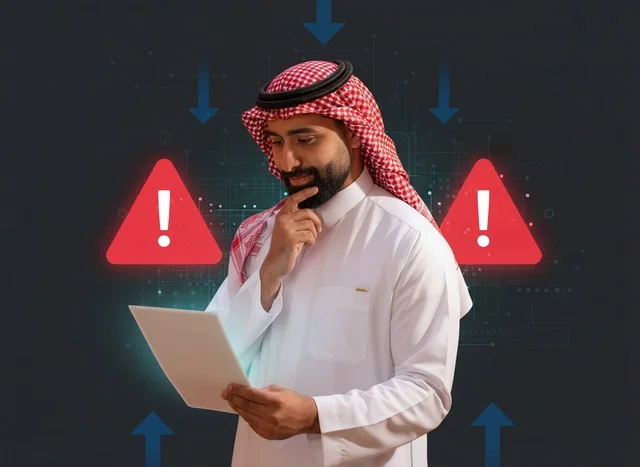 رجل سعودي مع جهاز لوحي وأيقونات تحذير رقمية