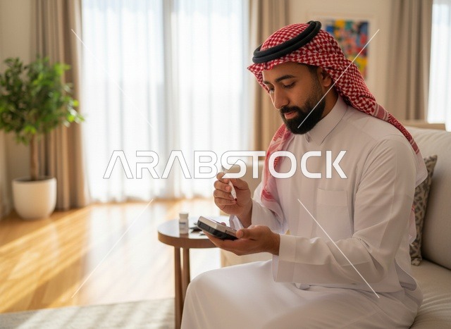 رجل سعودي يفحص مستوى السكر في الدم بالمنزل