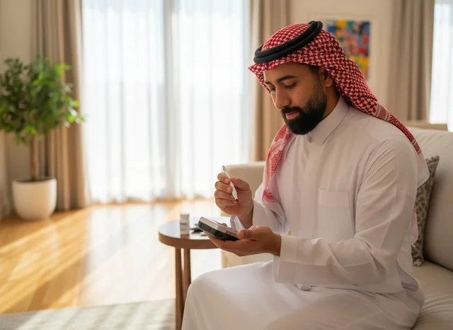 Saudi Man Checking Blood Sugar Levels at Home