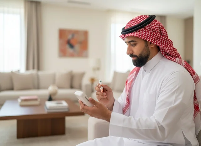 Saudi Man Using Glucose Meter at Home