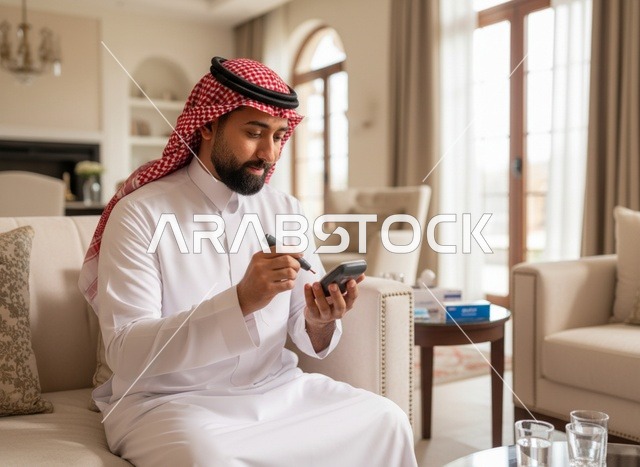 رجل سعودي يفحص مستوى السكر في الدم بالمنزل