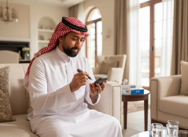 Saudi Man Testing Blood Sugar with Glucose Meter