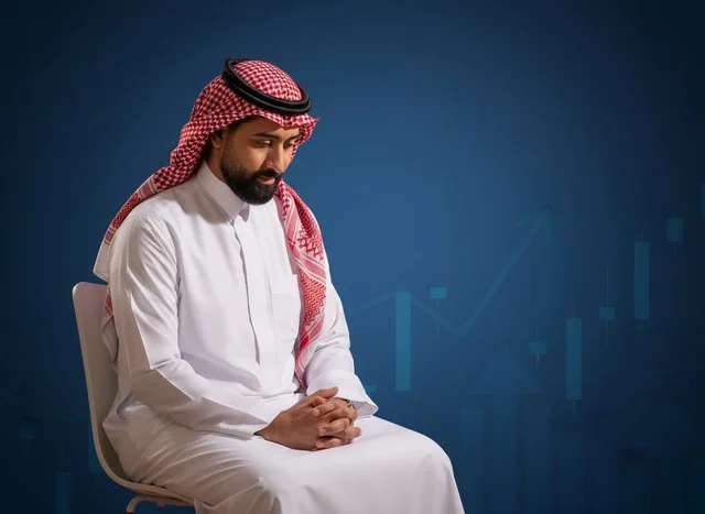 رجل سعودي بالزي التقليدي مع رسوم بيانية مالية