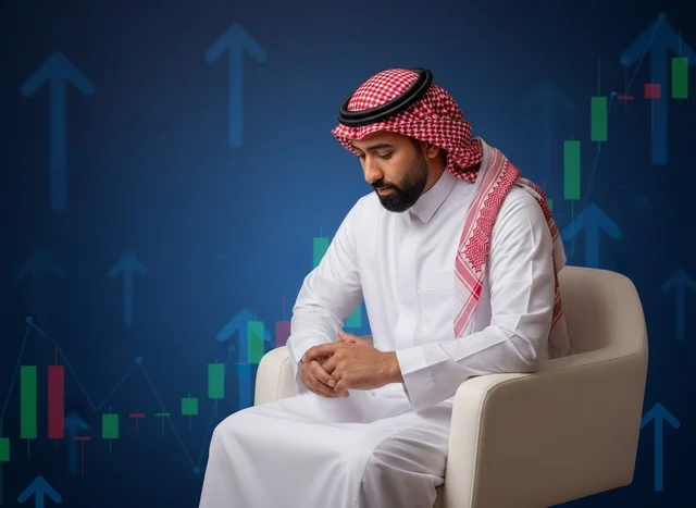 رجل أعمال سعودي مع رسوم بيانية لسوق الأسهم