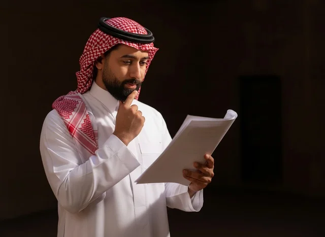 رجل سعودي بالثوب التقليدي يقرأ وثيقة