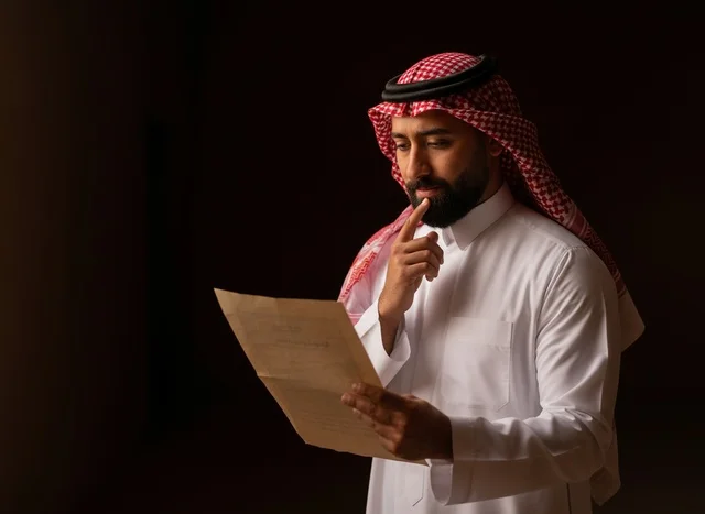 Saudi Man in Traditional Attire Reading Document