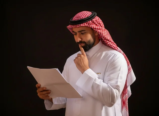 رجل سعودي بالزي التقليدي يقرأ مستنداً