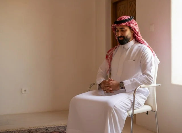 رجل سعودي بالزي التقليدي يجلس في الداخل
