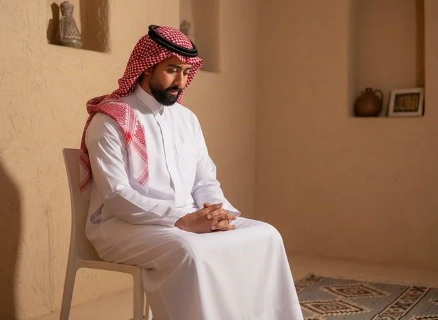 Saudi Man in Traditional Thobe Sitting in Heritage House