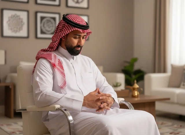 Saudi Man in Traditional Thobe Sitting Indoors