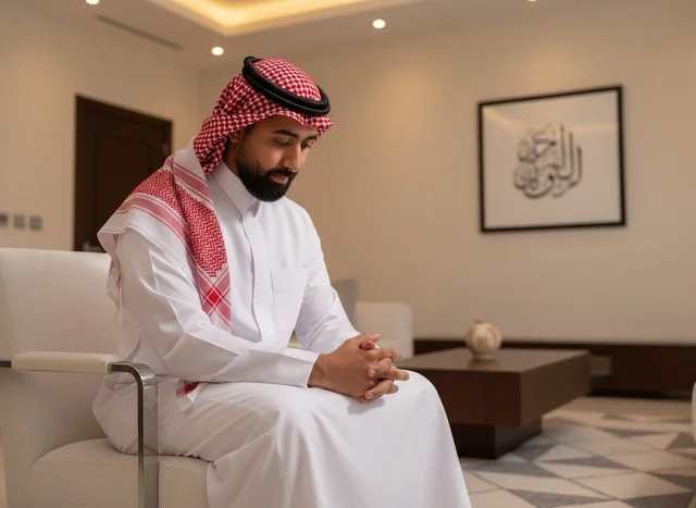 Saudi Man in Traditional Thobe Sitting Indoors