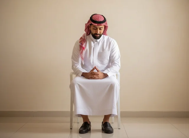 رجل سعودي بالزي التقليدي يجلس بوضعية تفكير