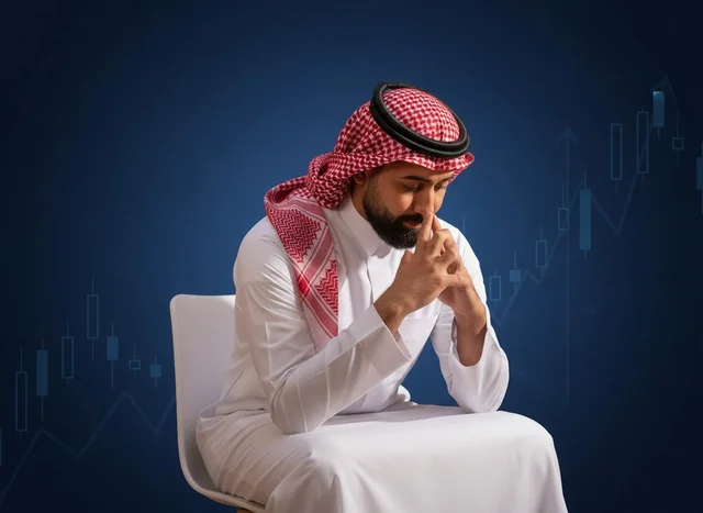 رجل أعمال سعودي يفكر مع رسوم بيانية للبورصة