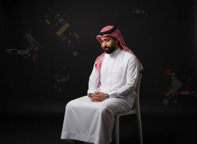 Saudi Man in Traditional Thobe and Shemagh Sitting