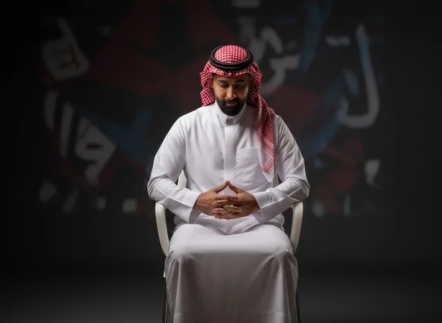 رجل سعودي بالزي التقليدي يجلس في استوديو