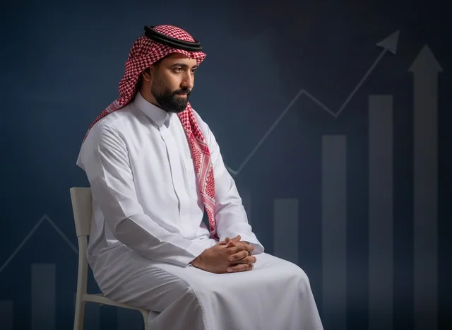رجل أعمال سعودي في استوديو مع خلفية رسوم بيانية للنمو