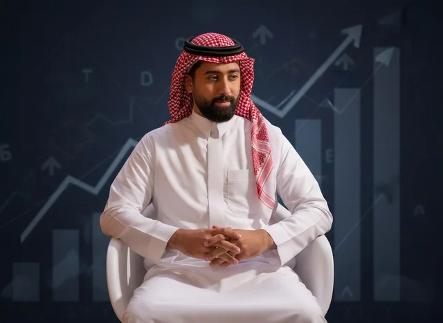 رجل أعمال سعودي مع رسوم بيانية للنمو المالي