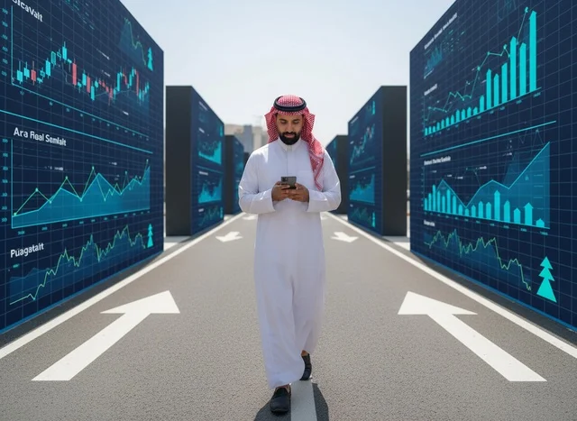 رجل أعمال سعودي يسير بين جدران البيانات المالية الرقمية