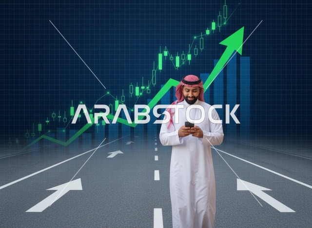 رجل سعودي يستخدم الهاتف مع رسم بياني لسوق الأسهم