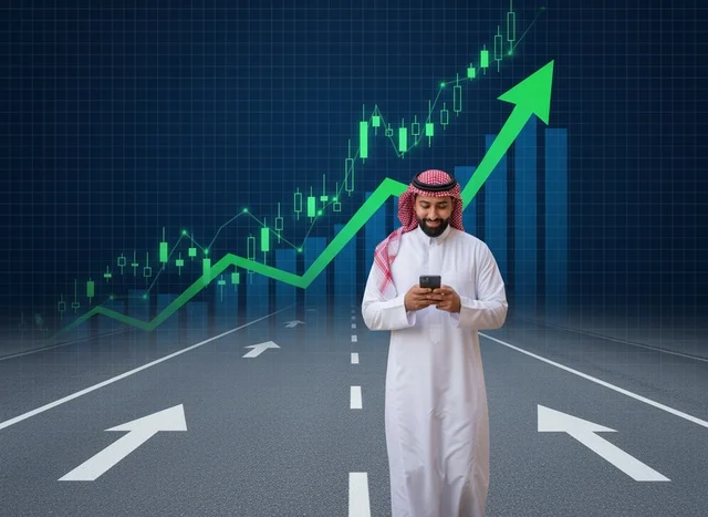 رجل سعودي يستخدم الهاتف مع رسم بياني لسوق الأسهم رجل سعودي يستخدم الهاتف مع رسم بياني لسوق الأسهم