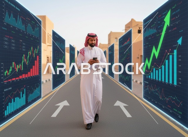 رجل سعودي يستخدم الهاتف مع بيانات سوق الأسهم