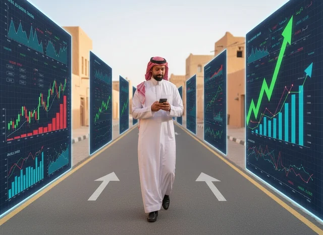 رجل سعودي يستخدم الهاتف مع بيانات سوق الأسهم