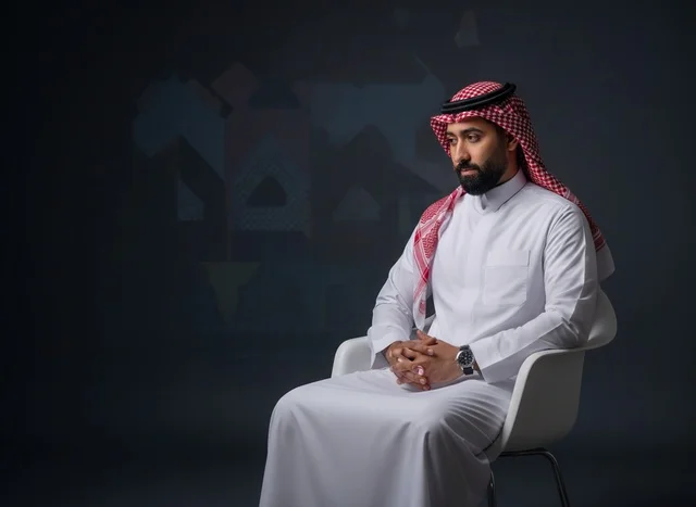 رجل سعودي بالزي التقليدي جالس على كرسي في استوديو