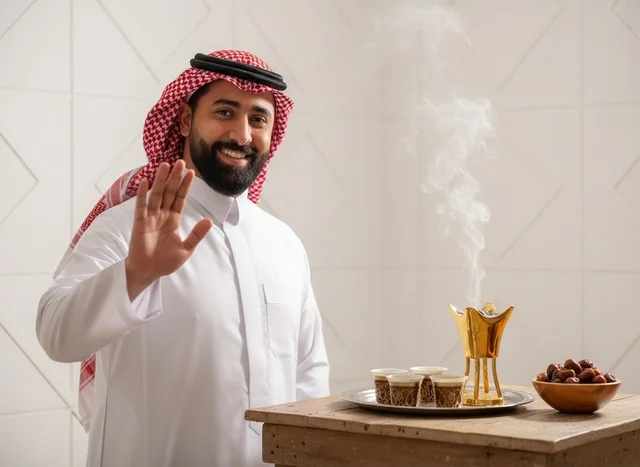 Saudi Man in Traditional Dress with Incense and Dates