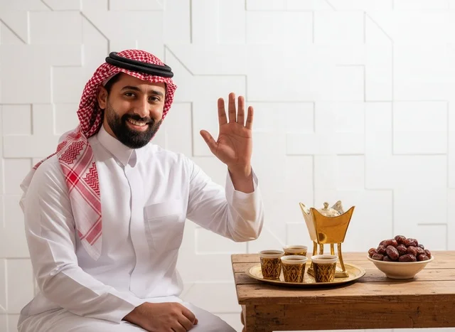Saudi Man in Traditional Dress Waving with Dates and Coffee