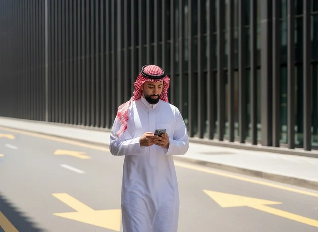 رجل سعودي بالزي التقليدي يستخدم الهاتف في المدينة رجل سعودي بالزي التقليدي يستخدم الهاتف في المدينة
