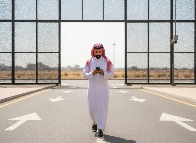 رجل سعودي بالثوب التقليدي يستخدم الهاتف في الطريق