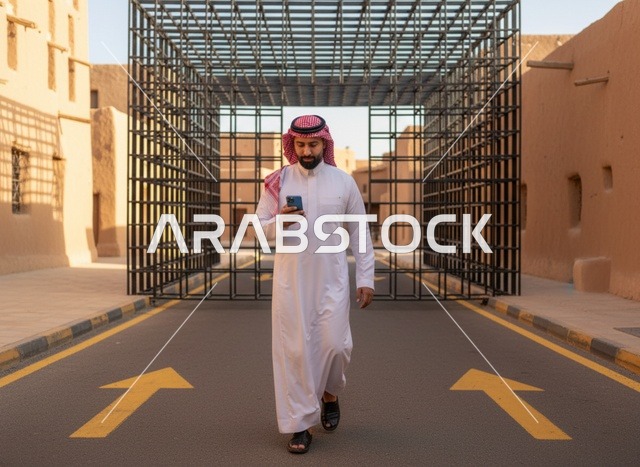 رجل سعودي مع هاتف ذكي في قرية تراثية