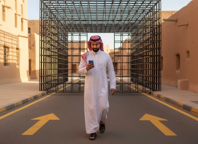 رجل سعودي مع هاتف ذكي في قرية تراثية