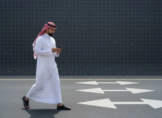 رجل سعودي بالثوب التقليدي يستخدم الهاتف الذكي أثناء المشي