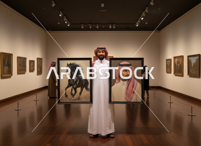 رجل سعودي يحمل لوحات فنية في معرض للفنون