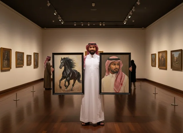 A Saudi man carrying art pieces at an art exhibition.