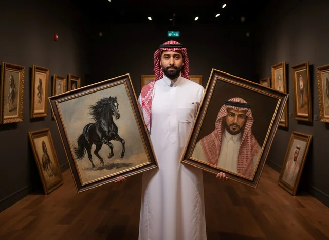 رجل سعودي يحمل لوحات فنية في معرض للفنون رجل سعودي يحمل لوحات فنية في معرض للفنون