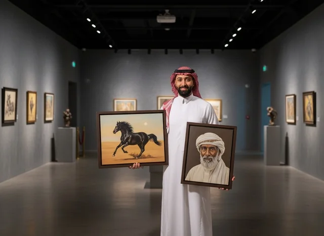 رجل سعودي يحمل لوحات فنية في معرض فنون حديث