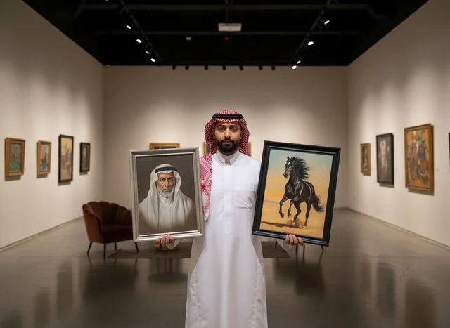 رجل سعودي يحمل لوحات زيتية تقليدية في معرض فني