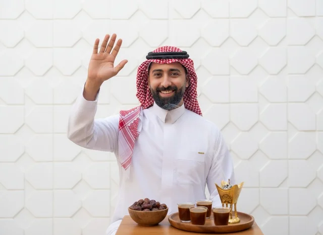 رجل سعودي يلوح مع القهوة العربية والتمر