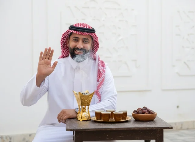 رجل سعودي بالزي التقليدي مع المبخرة والتمر