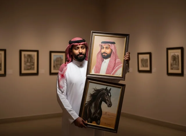 Saudi Man Holding Portraits in Art Gallery Exhibition