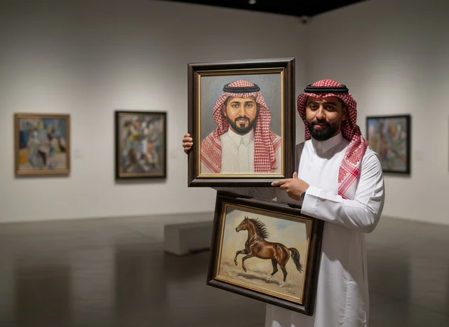 رجل سعودي في معرض فني يحمل لوحات