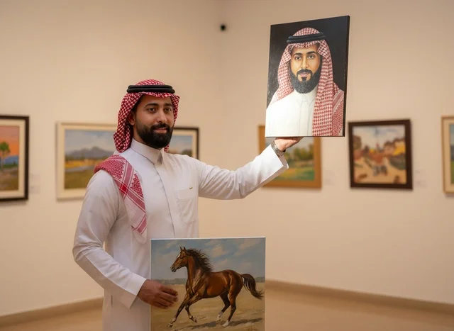 رجل سعودي بالزي التقليدي في معرض فني