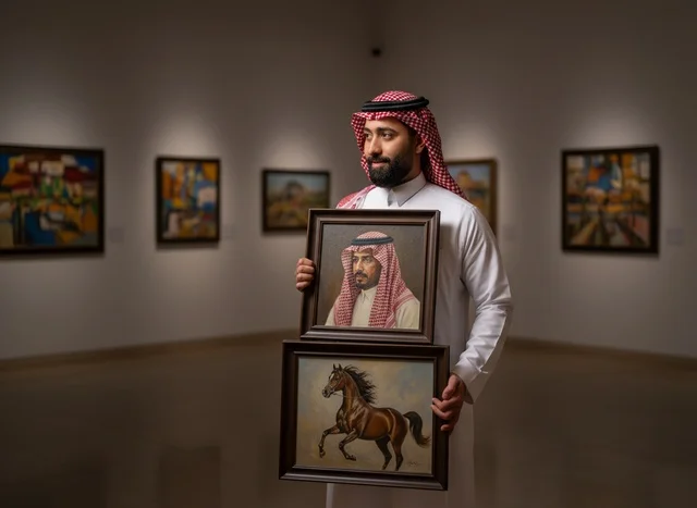 رجل سعودي باللباس التقليدي يحمل لوحات فنية في معرض رجل سعودي باللباس التقليدي يحمل لوحات فنية في معرض