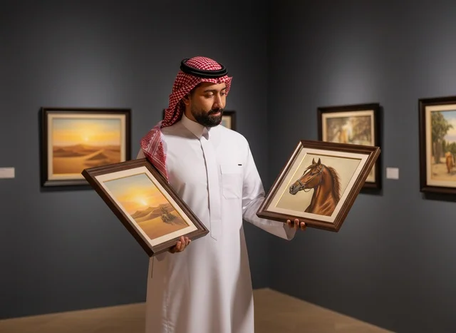 رجل سعودي بالزي التقليدي في معرض للوحات الفنية