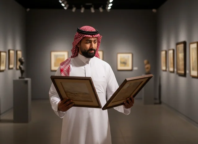 رجل سعودي بالزي التقليدي يحمل لوحات في معرض فني