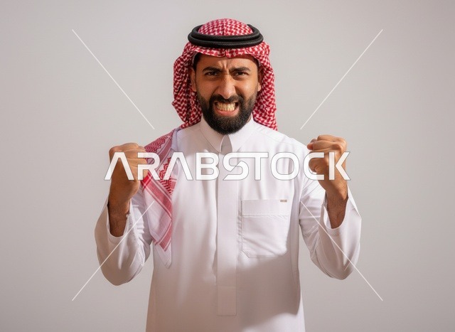 رجل سعودي غاضب بالزي التقليدي بخلفية بيضاء