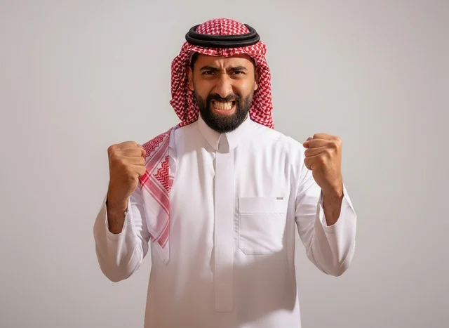 رجل سعودي غاضب بالزي التقليدي بخلفية بيضاء